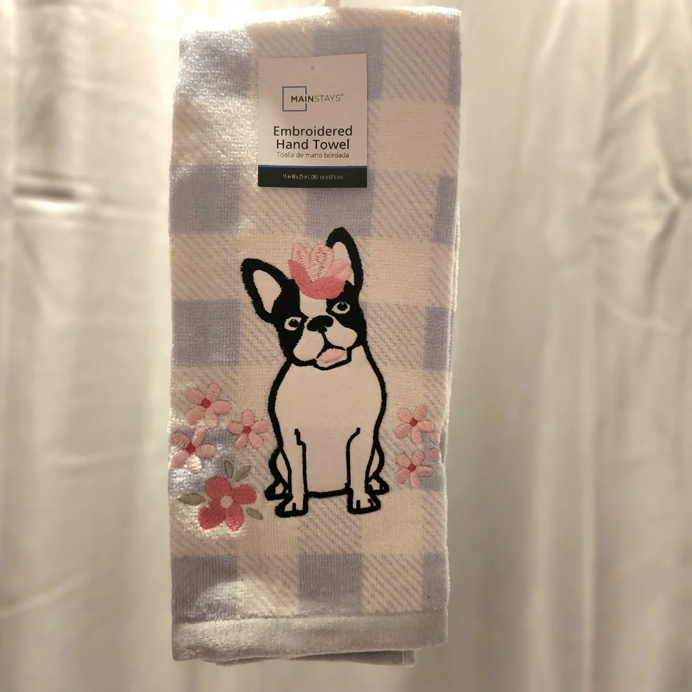 Embroidered Hand Towel French Bulldog Boston Terrier Blue White NWT